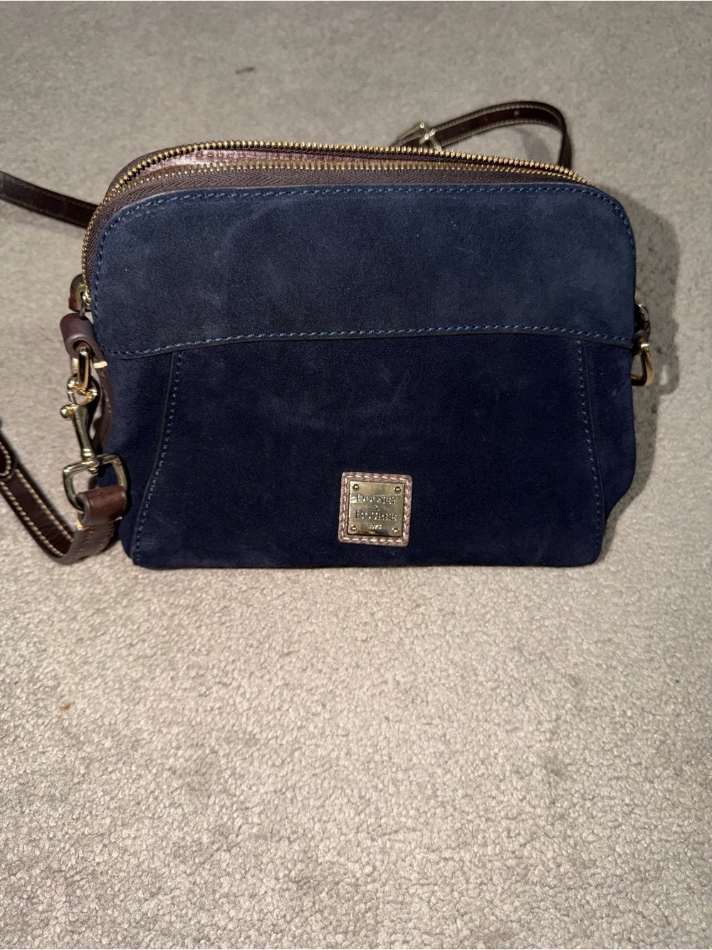 Dooney & Bourke Navy Suede Crossbody with Brown Leather Trim